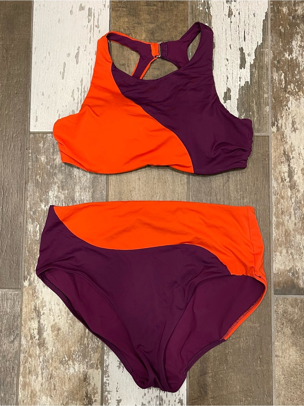 Athleta High Waisted Bikini Colorblock High Neck Bikini Set in Orange Deep Plum